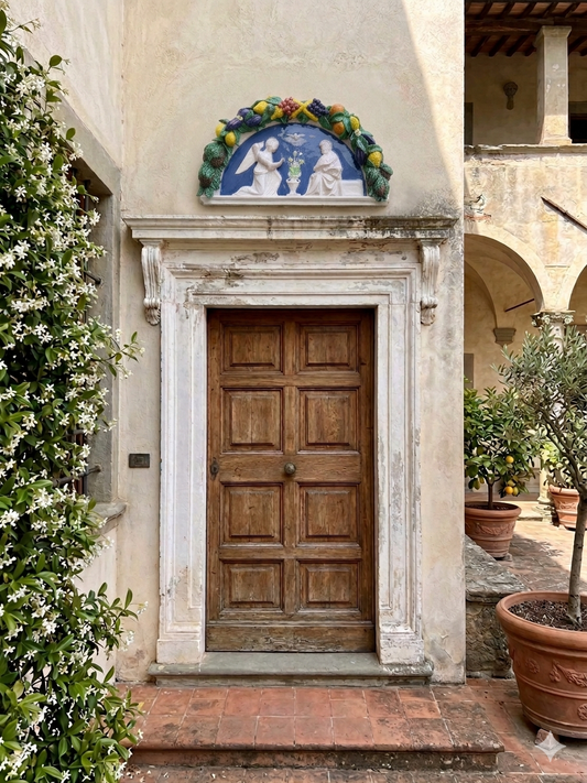 Hand-Painted Italian Ceramic Annunciation Arched Della Robbia