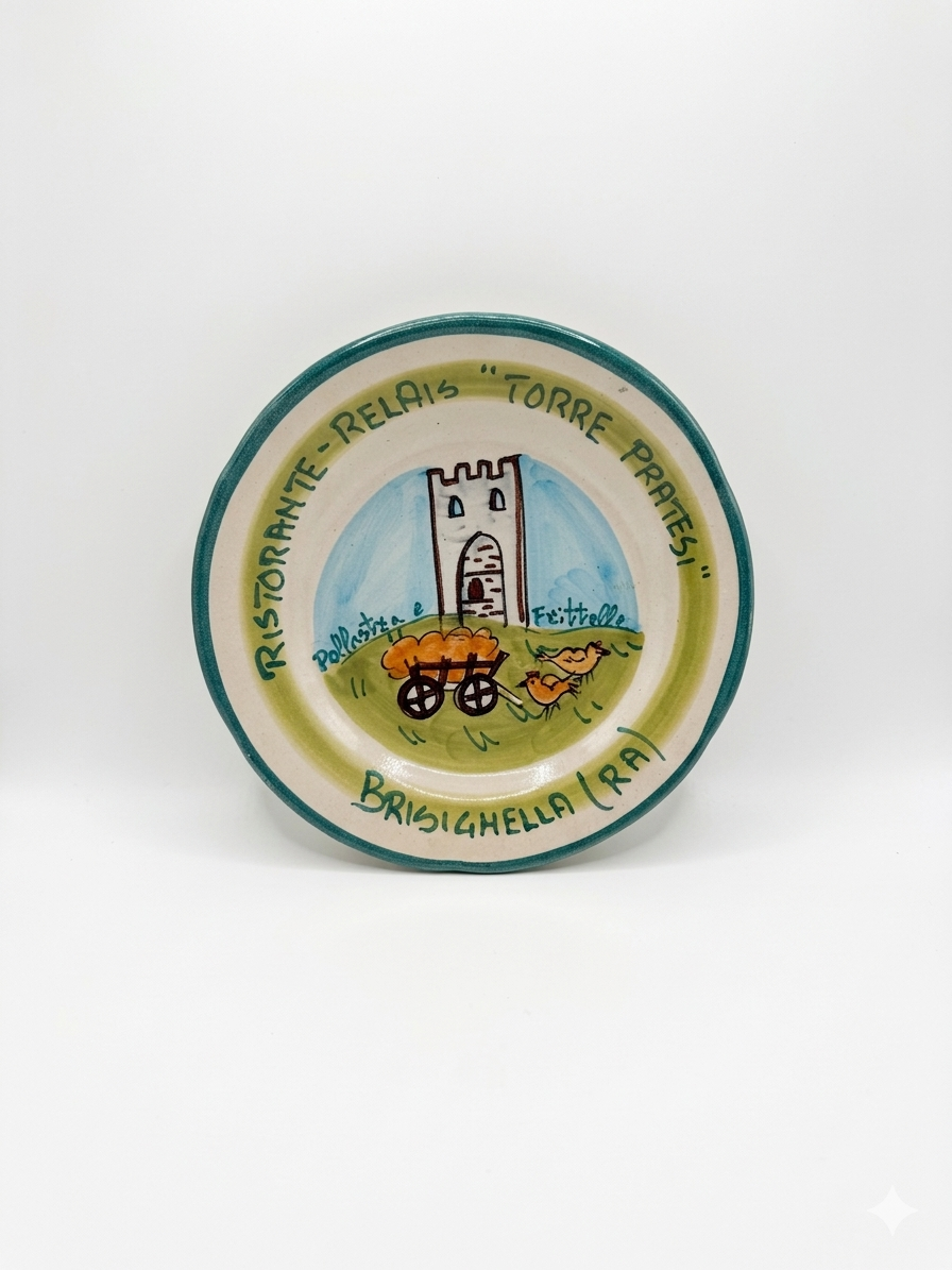 Hand-painted Buon Ricordo Italian ceramic plate with Brisighella tower scene and green border lettering