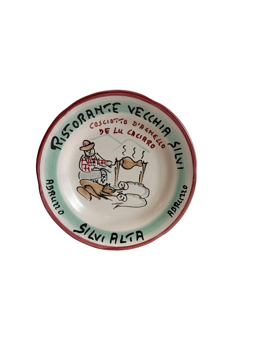 Hand-painted Buon Ricordo ceramic plate from Silvi Alta Abruzzo featuring figure roasting lamb over fire with Ristorante Vecchia Silvi text and red rim**
