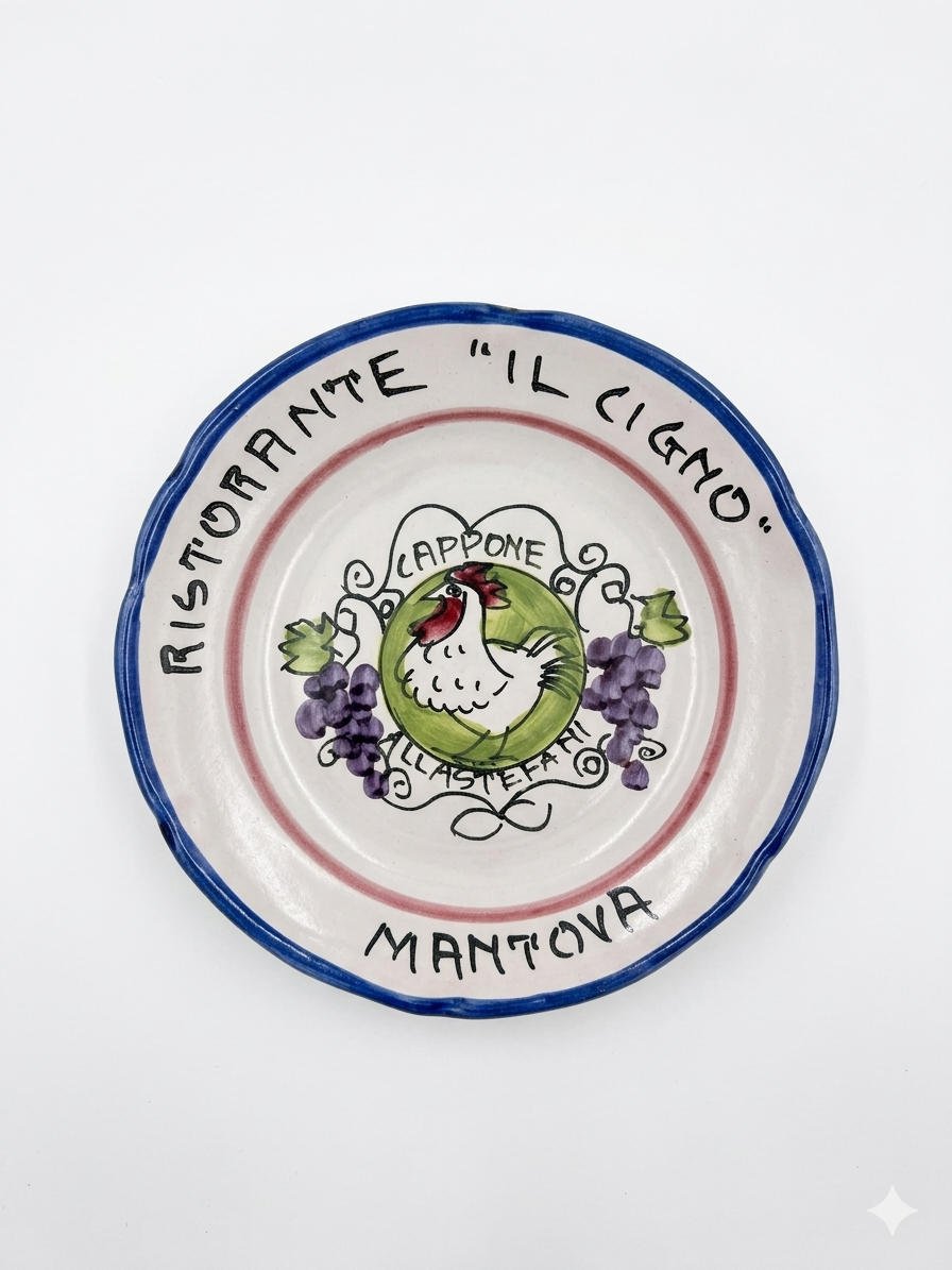 Hand-painted Buon Ricordo ceramic plate from Mantova featuring capon with grapes and Ristorante Il Cigno text with blue rim**