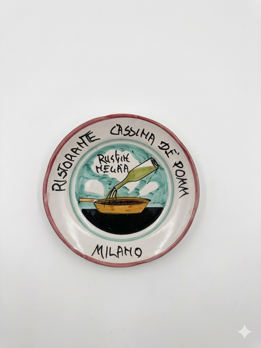 Hand-painted Buon Ricordo ceramic plate from Milan featuring rustic cooking pot and ladle with rustin negaa and Ristorante Cassina dei Pomi text**