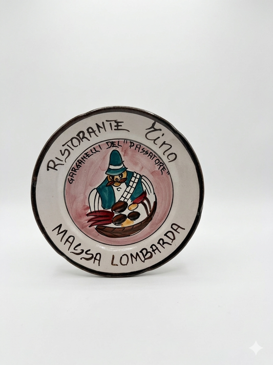 Hand-painted Buon Ricordo Italian ceramic plate from Lombardy with alpine figure and Garganelli dish inscription on blush background