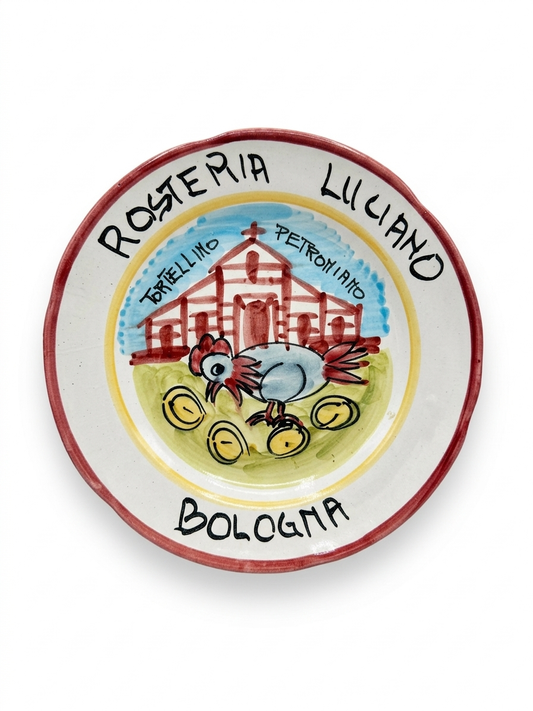 Hand-painted Buon Ricordo Italian ceramic plate from Bologna with chicken, eggs, farmhouse, and Tortellino Petroniano inscription