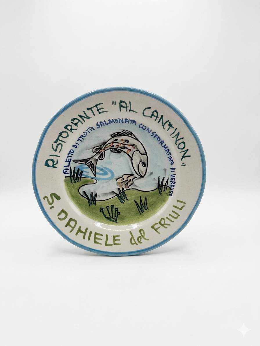Hand-painted Buon Ricordo Italian ceramic plate with trout in stream from San Daniele del Friuli restaurant Al Cantinon