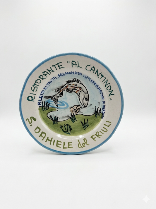 Hand-painted Buon Ricordo Italian ceramic plate with trout in stream from San Daniele del Friuli restaurant Al Cantinon