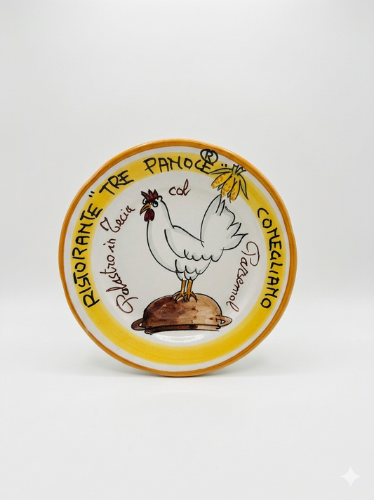 Hand-painted Buon Ricordo Italian ceramic plate from Conegliano with rooster on serving dome and Tre Panoe restaurant inscription