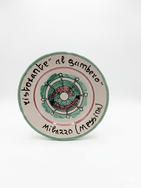 Hand-painted Buon Ricordo ceramic plate with shrimp motif and circular nautical design, Ristorante Al Gambero Milazzo Messina inscription