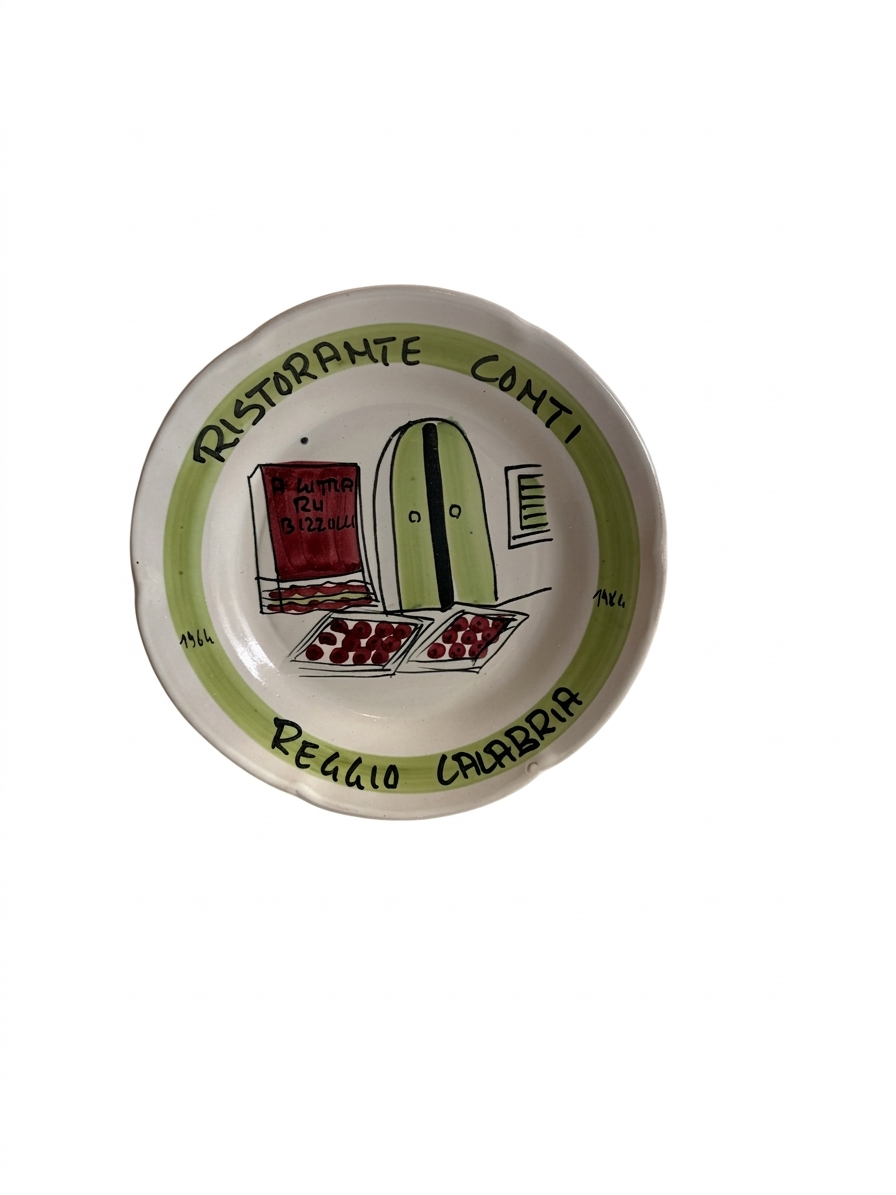 Hand-painted Buon Ricordo ceramic plate with market scene, tomatoes and doorway, Ristorante Conti Reggio Calabria inscription, green border