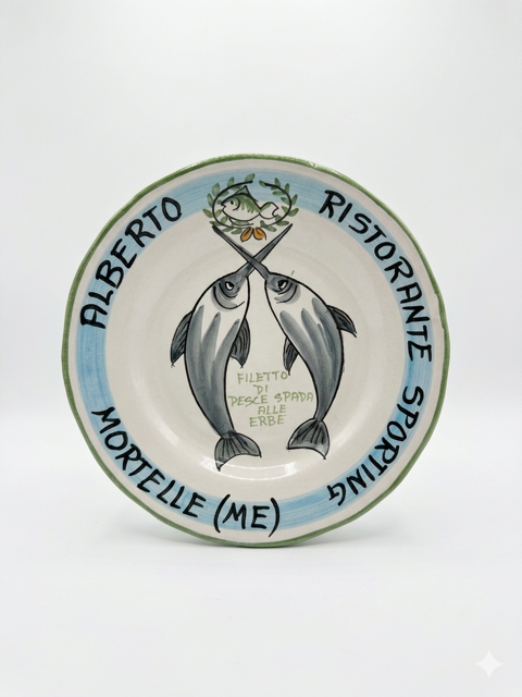 Hand-painted Buon Ricordo ceramic plate with two swordfish and herb dish, Alberto Ristorante Sporting Mortelle Sicily inscription