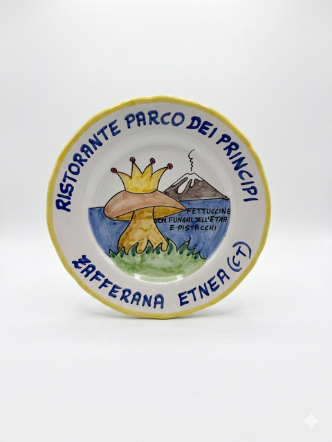 Hand-painted Buon Ricordo ceramic plate with mushroom and Mount Etna scene, Ristorante Parco dei Principi Zafferana Etnea inscription, yellow rim