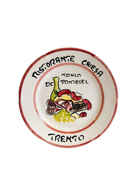 Hand-painted Buon Ricordo ceramic plate with prosciutto, wine bottle, and grapes, Ristorante Chiesa Trento inscription, terracotta rim