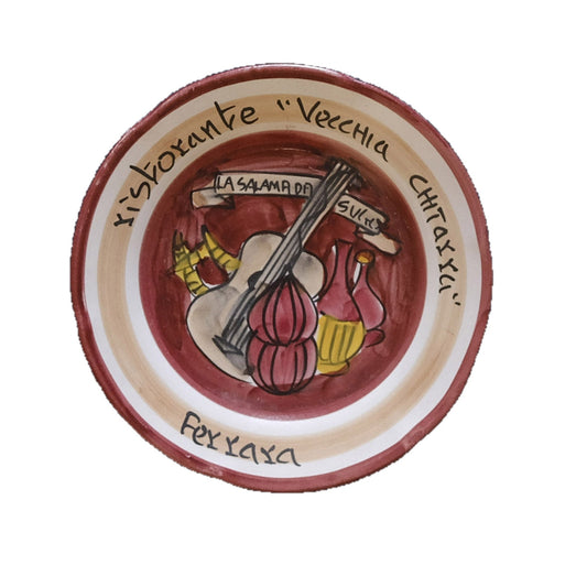 Hand-painted Buon Ricordo Italian ceramic plate from Ferrara with guitar and salama da sugo from Ristorante Vecchia Chitarra