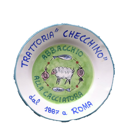 Hand-painted Buon Ricordo Italian ceramic plate from Rome with a lamb ringed by fish and onions, Trattoria Checchino abbacchio alla cacciatora