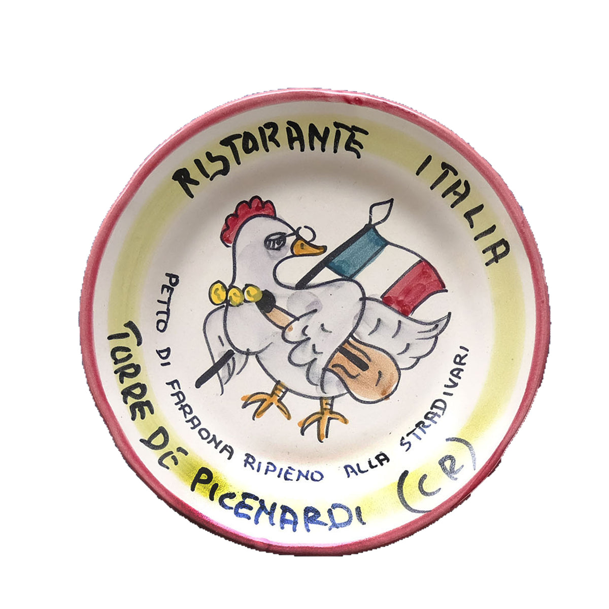 Hand-painted Buon Ricordo Italian ceramic plate from Torre de' Picenardi with guinea fowl and lute, Ristorante Italia faraona alla Stradivari