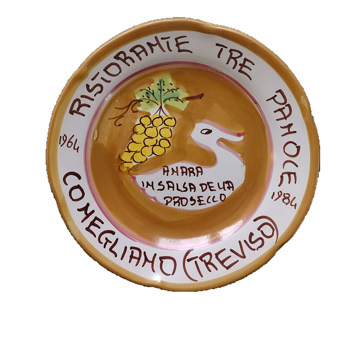 Hand-painted Buon Ricordo Italian ceramic plate from Conegliano with duck and Prosecco grapes, Ristorante Tre Panoce anara in salsa de ua
