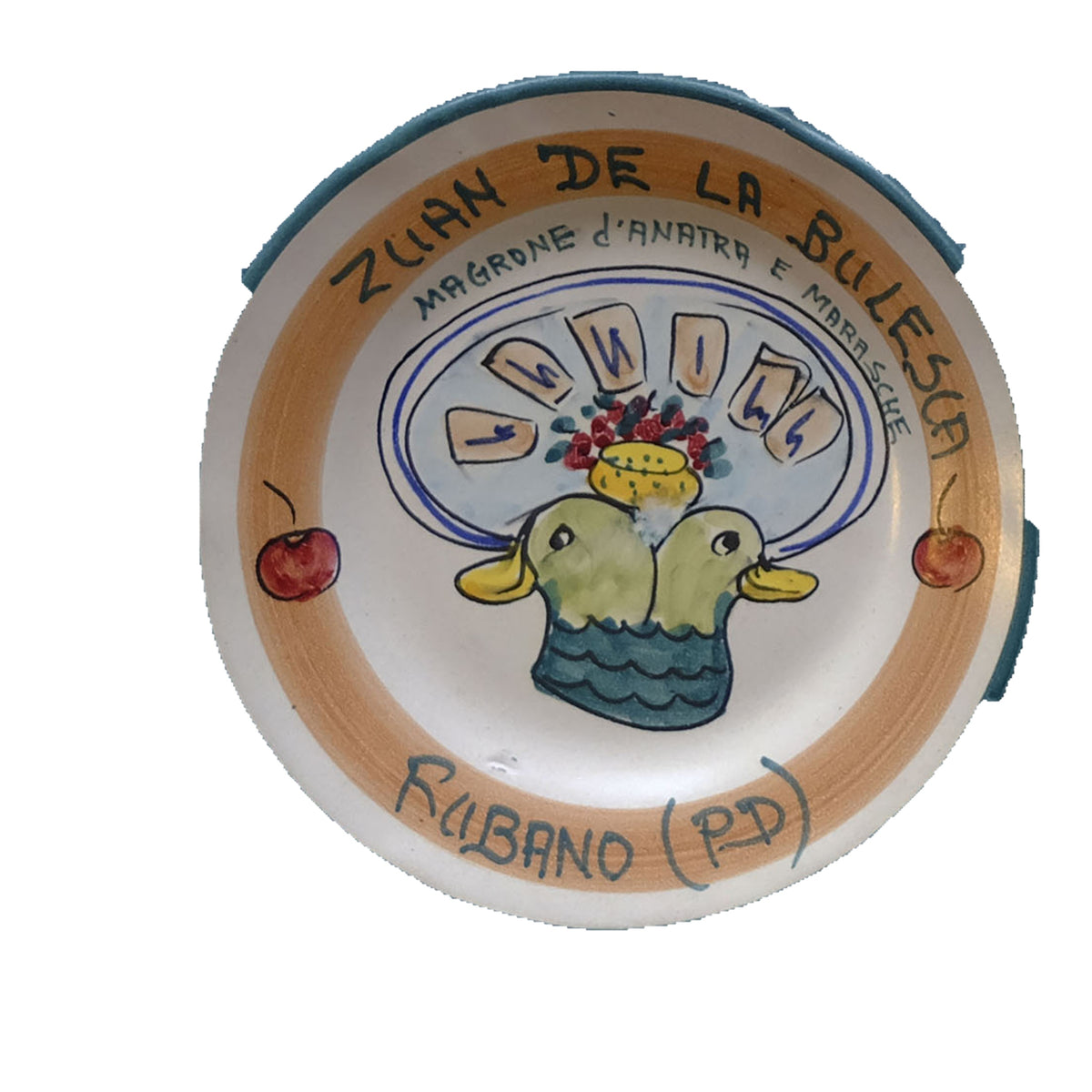 Hand-painted Buon Ricordo Italian ceramic plate from Rubano Padua with two ducks, playing cards and cherries, Zuan de la Bulesca