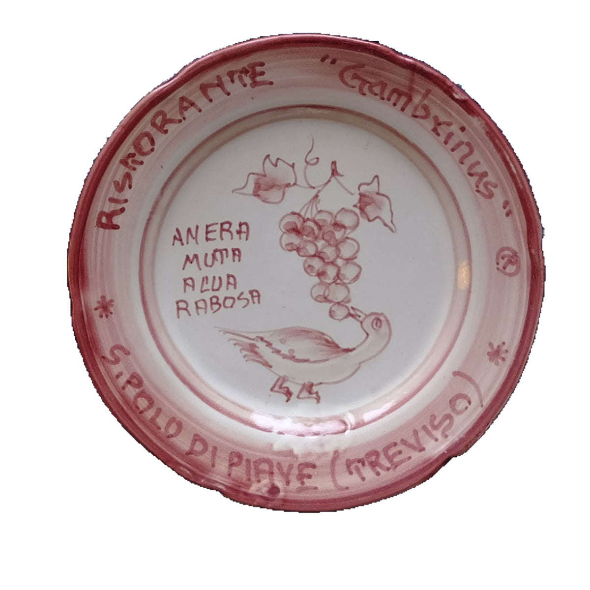 Hand-painted Buon Ricordo Italian ceramic plate from San Polo di Piave in rose monochrome with duck and Raboso grapes, Ristorante Gambrinus