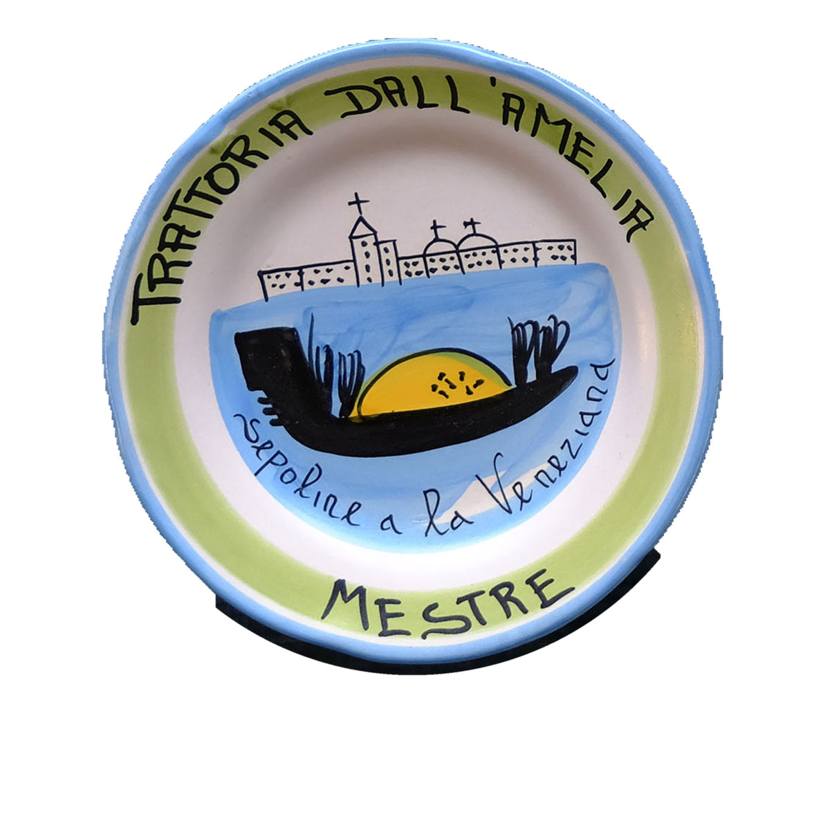 Hand-painted Buon Ricordo Italian ceramic plate from Mestre with gondola carrying polenta and Venice skyline, Trattoria Dall'Amelia sepoline