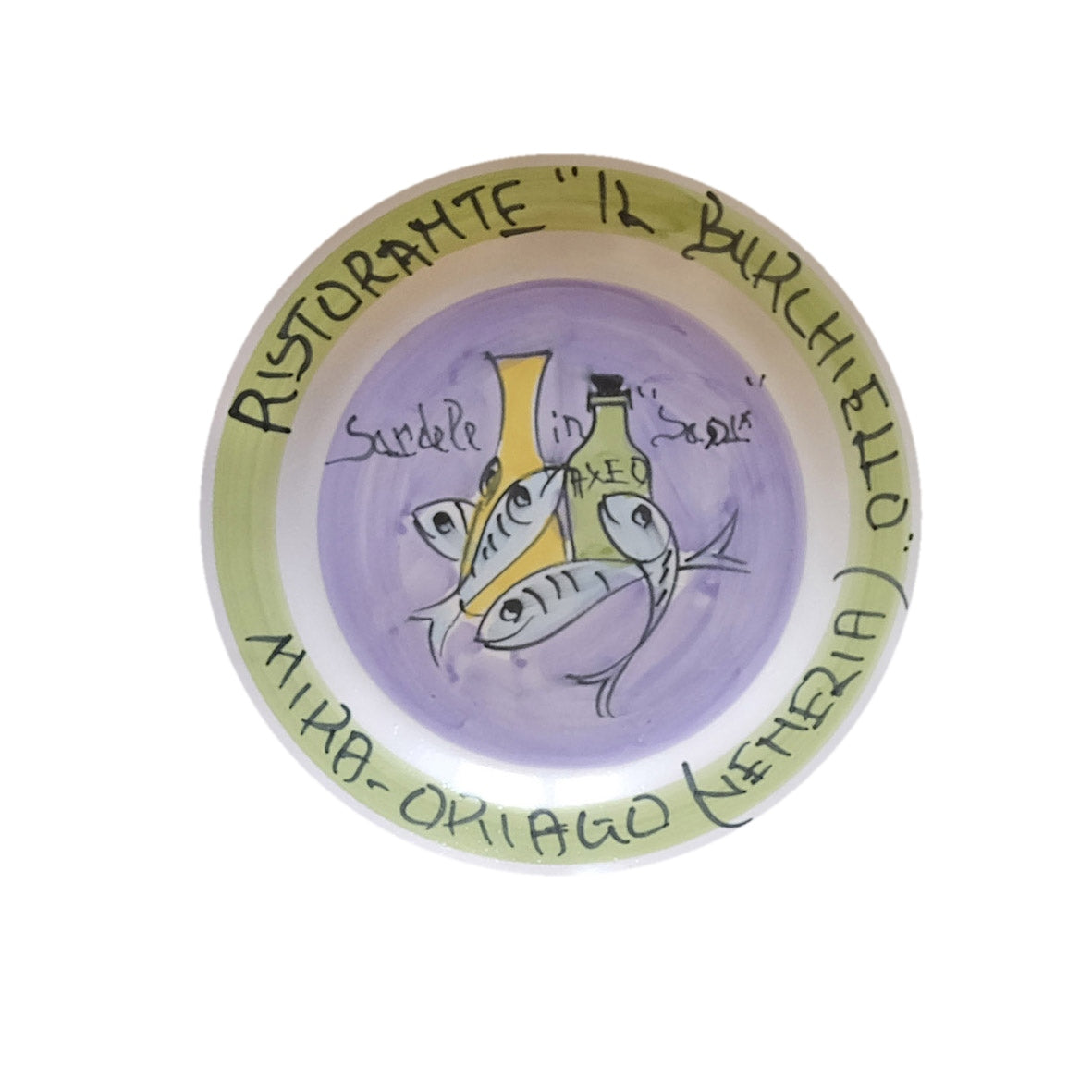 Hand-painted Buon Ricordo Italian ceramic plate from Mira-Oriago with sardines, oil and vinegar, Ristorante Il Burchiello sardele in saor