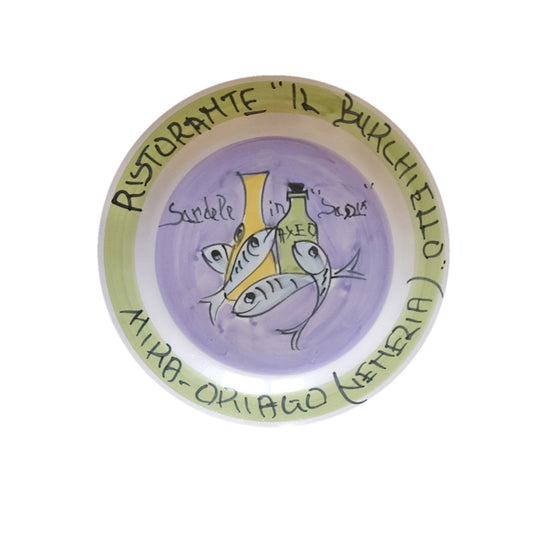 Hand-painted Buon Ricordo Italian ceramic plate from Mira-Oriago with sardines, oil and vinegar, Ristorante Il Burchiello sardele in saor