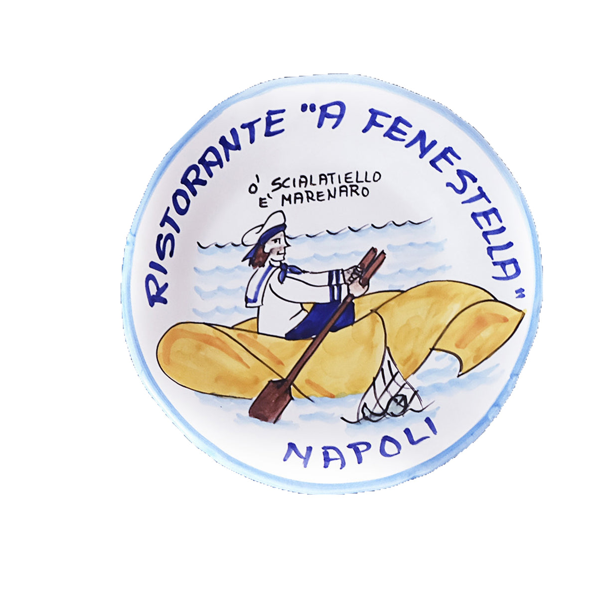Hand-painted Buon Ricordo Italian ceramic plate from Naples with fisherman rowing a pasta boat, Ristorante A Fenestella scialatielli