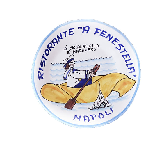 Hand-painted Buon Ricordo Italian ceramic plate from Naples with fisherman rowing a pasta boat, Ristorante A Fenestella scialatielli