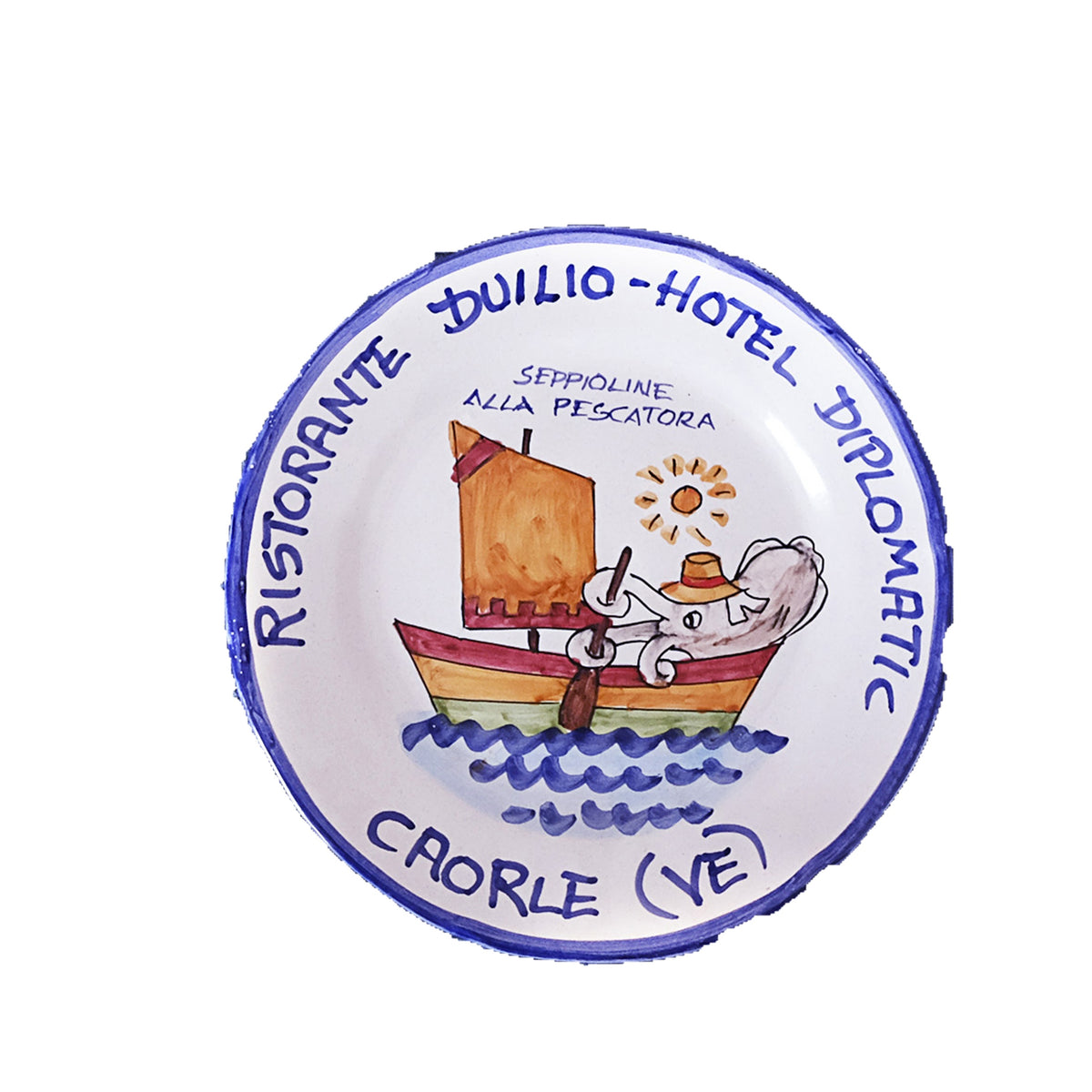 Hand-painted Buon Ricordo Italian ceramic plate from Caorle with an octopus in a straw hat sailing a boat, Ristorante Duilio seppioline