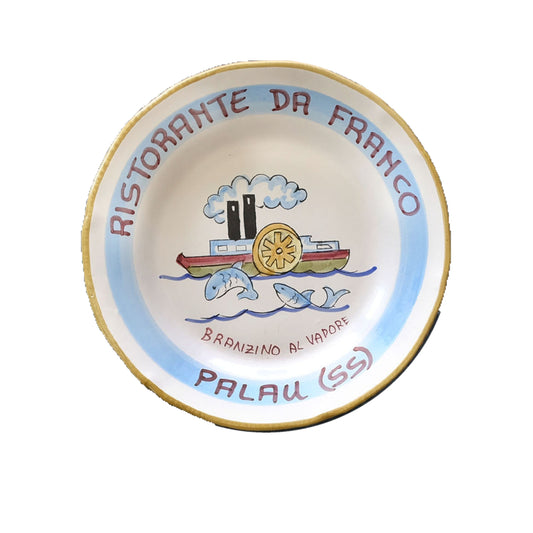 Hand-painted Buon Ricordo Italian ceramic plate from Palau Sardinia with paddle steamer and leaping fish, Ristorante da Franco branzino al vapore