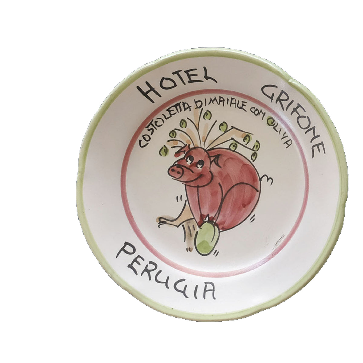 Hand-painted Buon Ricordo Italian ceramic plate from Perugia with a pig wearing an olive branch, Hotel Grifone costoletta di maiale con oliva