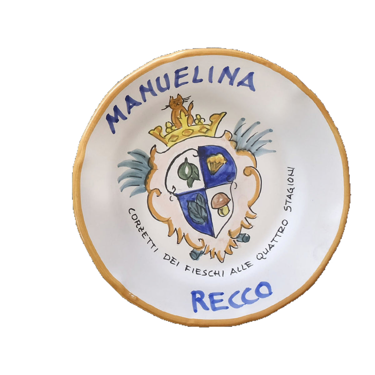 Hand-painted Buon Ricordo Italian ceramic plate from Recco Liguria with the Fieschi coat of arms, Manuelina corzetti alle quattro stagioni