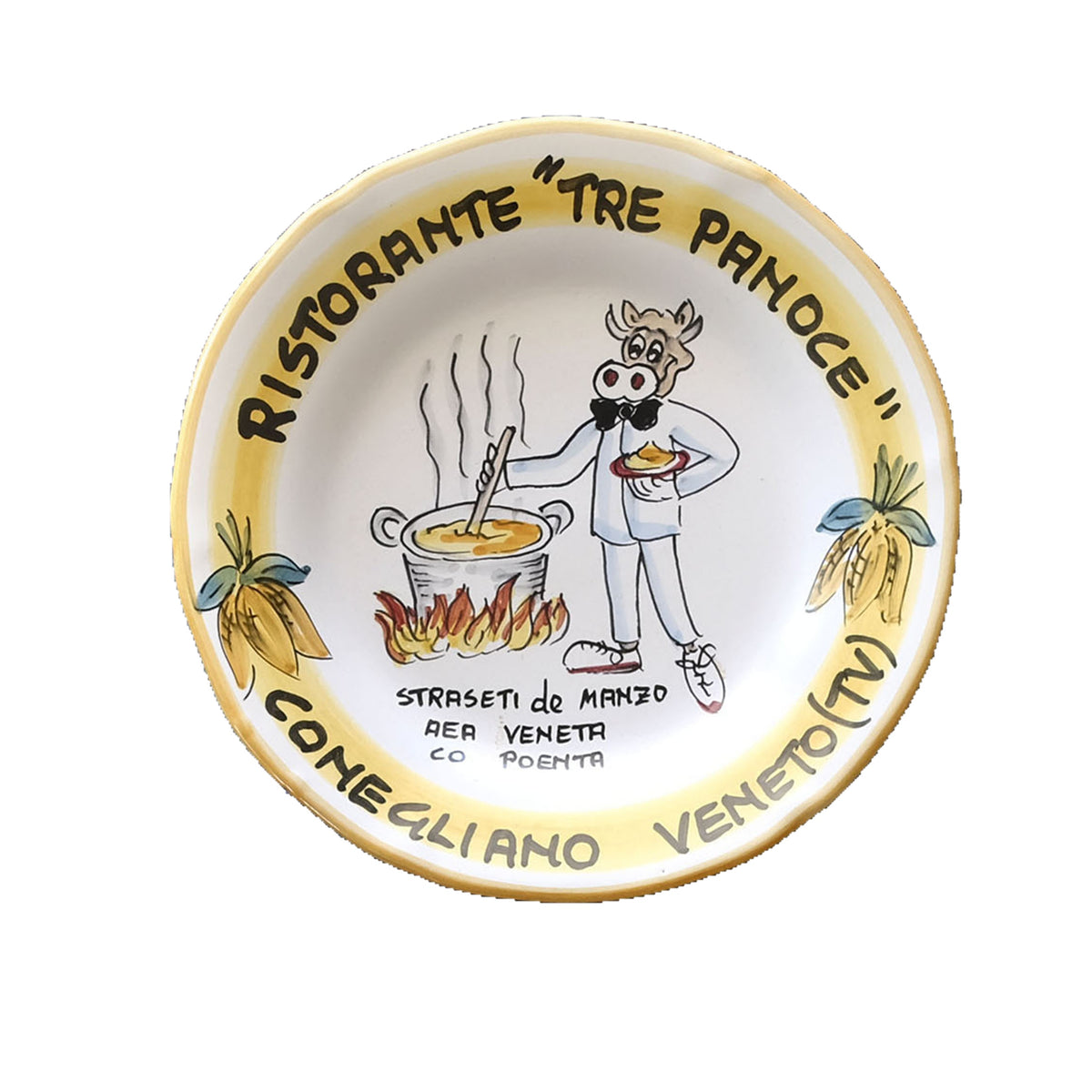 Hand-painted Buon Ricordo Italian ceramic plate from Conegliano with a cow chef stirring polenta and corn cobs, Ristorante Tre Panoce straseti de manzo