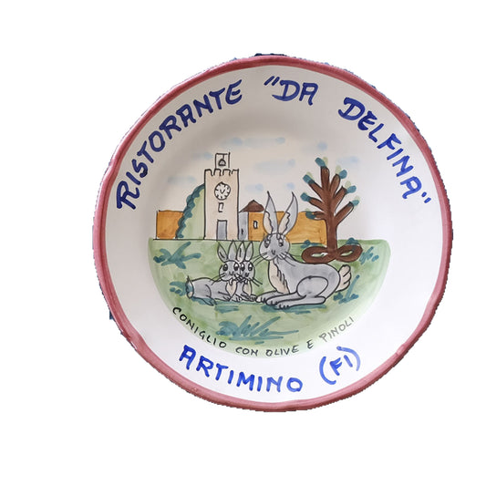 Hand-painted Buon Ricordo Italian ceramic plate from Artimino Tuscany with the village clock tower and three rabbits, Ristorante Da Delfina