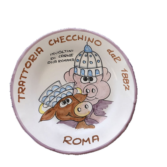 Hand-painted Buon Ricordo Italian ceramic plate from Rome with a pig wearing St Peter's dome and an ox in a cardinal's hat, Trattoria Checchino involtini