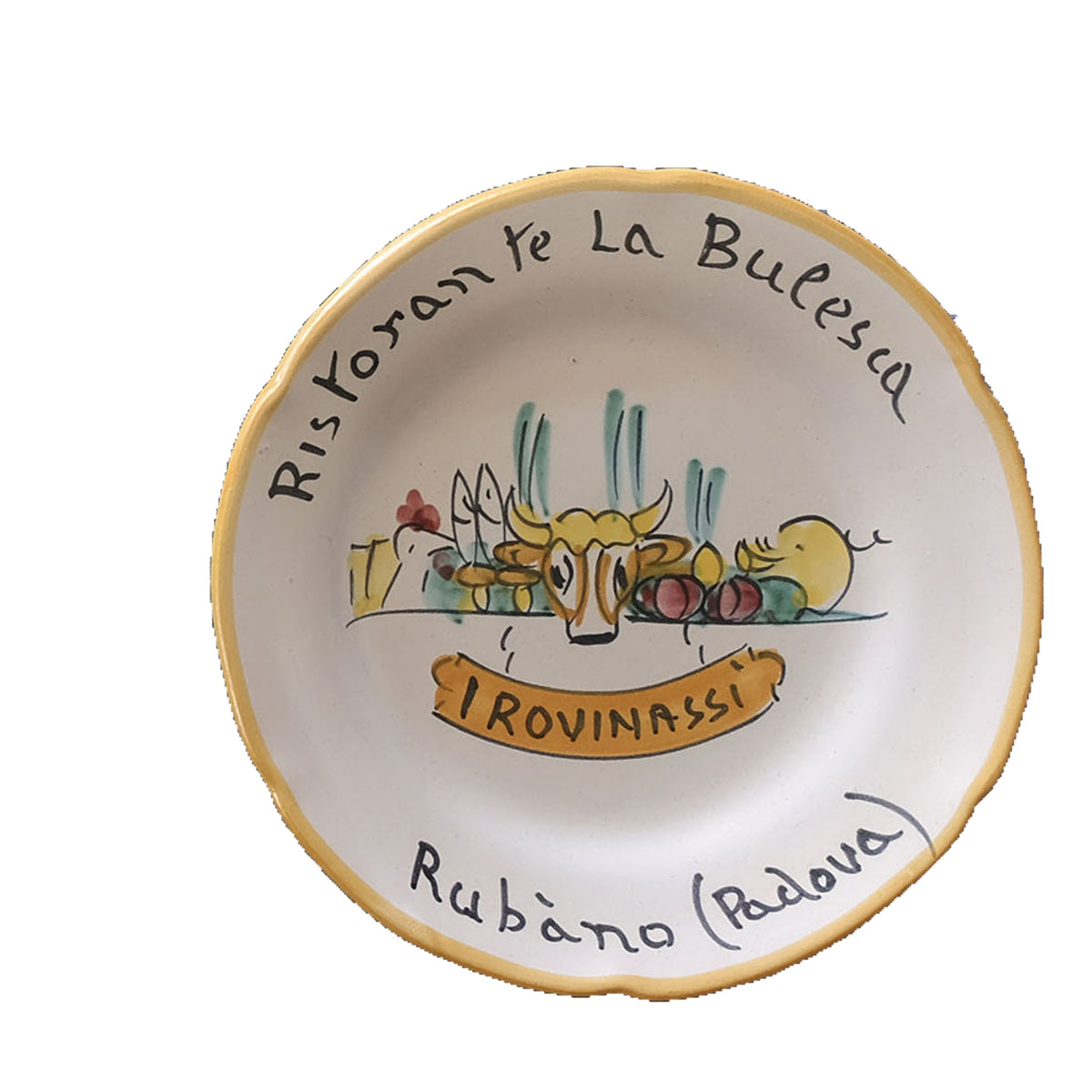Hand-painted Buon Ricordo Italian ceramic plate from Rubano Padua with an ox head, birds and fish on a gold banner, Ristorante La Bulesca I Rovinassi