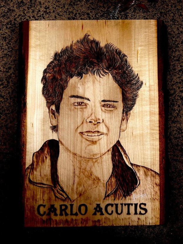 St. Carolos Acutis in Pyrography | PRE- ORDER