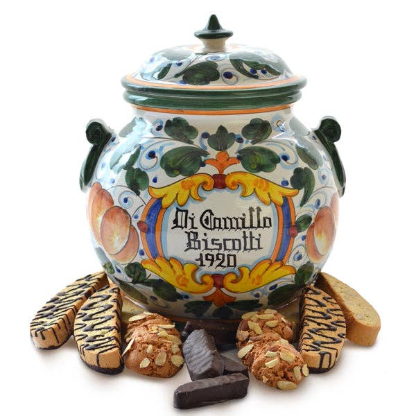 Golden Apricot Biscotti Jar – large hand-painted Italian majolica cookie jar with apricots and green leaves, handmade in Montelupo, Tuscany, filled with DiCamillo biscotti