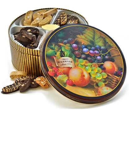 Quarto Biscotti Sampler Tin – open DiCamillo tin showing almond, chocolate and chocolate-dipped biscotti and amaretti