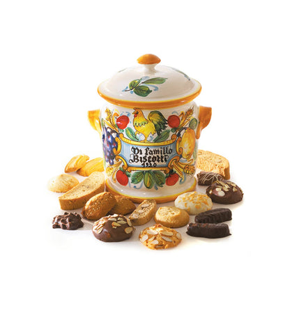 Lucky Rooster Biscotti Jar – Montelupo majolica rooster cookie jar shown with DiCamillo biscotti