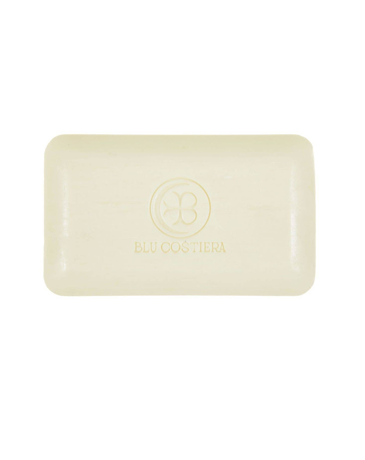 The unwrapped La Marina Vietri scrub bar, a cream-colored triple-milled rectangle embossed with the Blu Costiera monogram and name