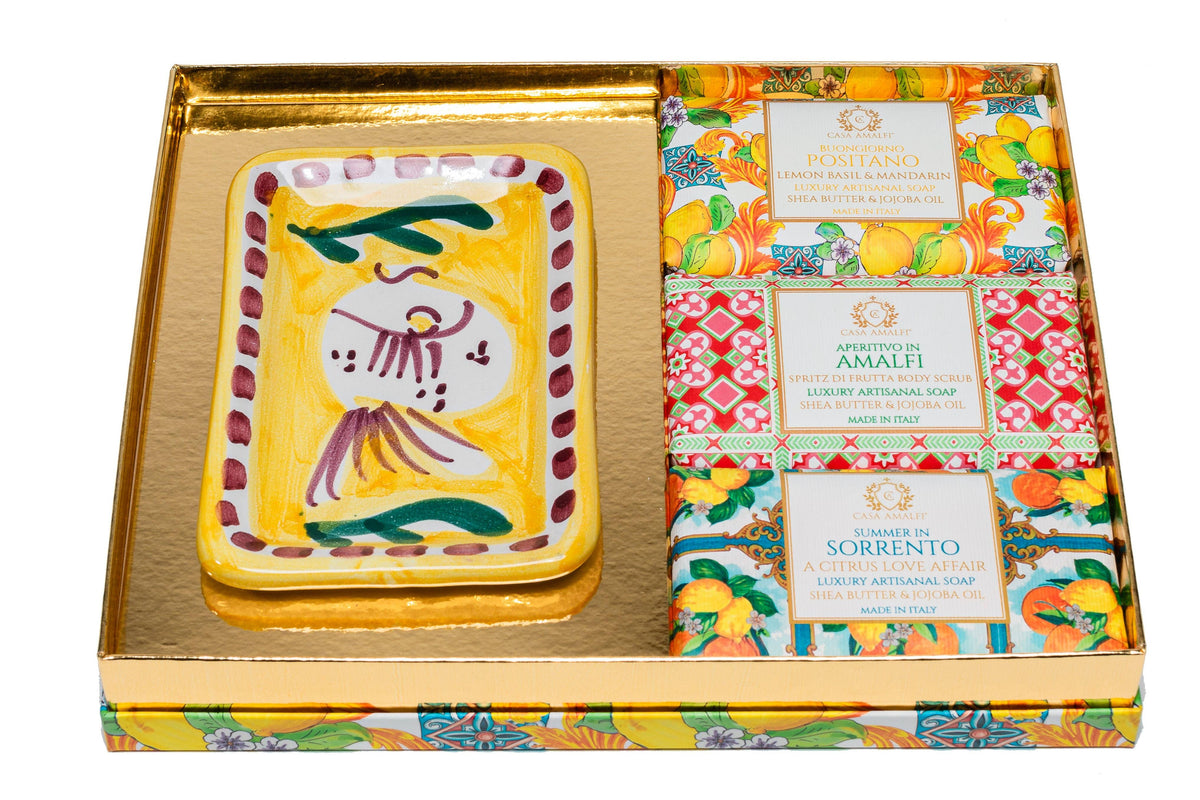 Lemon Maiolica Gift Set — Hand-Painted Soap Dish & Three Italian Soaps