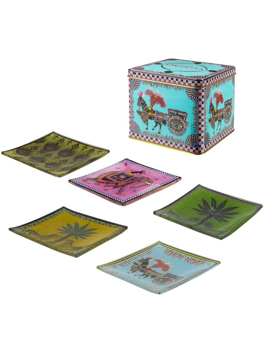 Ortigia Sicilia Carretto Glass Plates Set with Decorative Box (5 Pieces)
