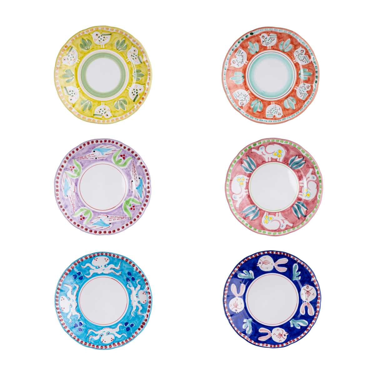 All six Solimene Campagna dessert plates — hen, bird, birds in flight, elephant, octopus, and fish