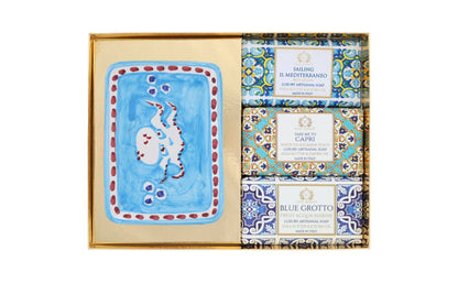 Blue Maiolica Gift Set — Hand-Painted Octopus Soap Dish & Three Italian Soaps