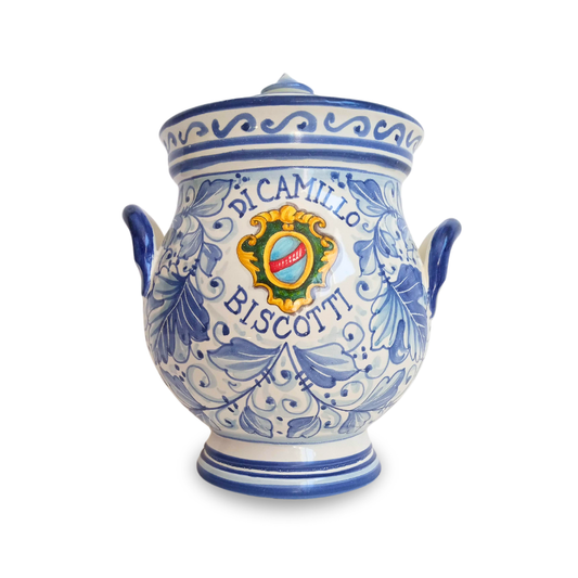 Blue Crest Biscotti Jar – blue and white hand-painted Italian majolica cookie jar with a Renaissance crest, handmade in Montelupo, Tuscany