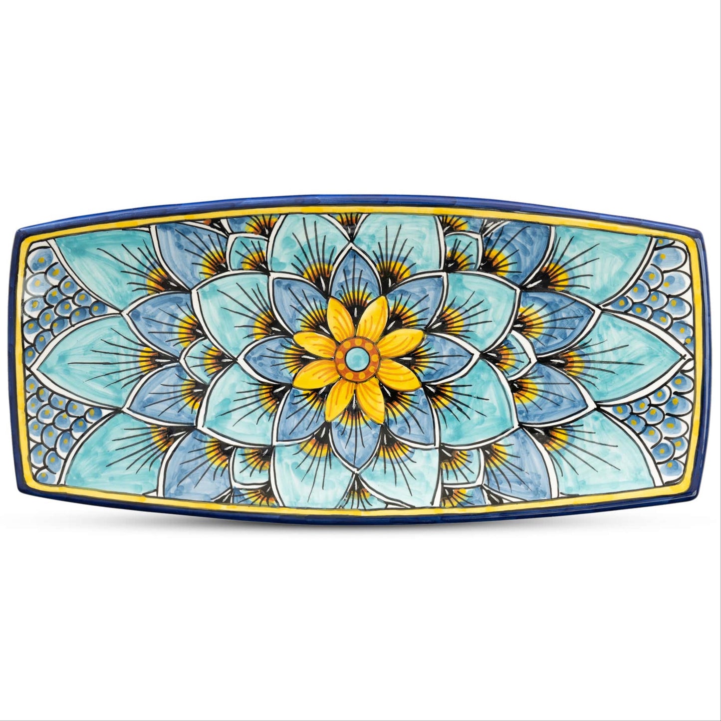 Geribi Rectangular Rounded Tray PG09 Blue Peacock Design, ceramics, pottery, italian design, majolica, handmade, handcrafted, handpainted, home decor, kitchen art, home goods, deruta, majolica, Artisan, treasures, traditional art, modern art, gift ideas, style, SF, shop small business, artists, shop online, landmark store, legacy, one of a kind, limited edition, gift guide, gift shop, retail shop, decorations, shopping, italy, home staging, home decorating, home interiors