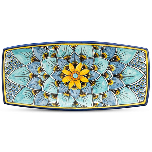 Geribi Rectangular Rounded Tray PG09 Blue Peacock Design, ceramics, pottery, italian design, majolica, handmade, handcrafted, handpainted, home decor, kitchen art, home goods, deruta, majolica, Artisan, treasures, traditional art, modern art, gift ideas, style, SF, shop small business, artists, shop online, landmark store, legacy, one of a kind, limited edition, gift guide, gift shop, retail shop, decorations, shopping, italy, home staging, home decorating, home interiors