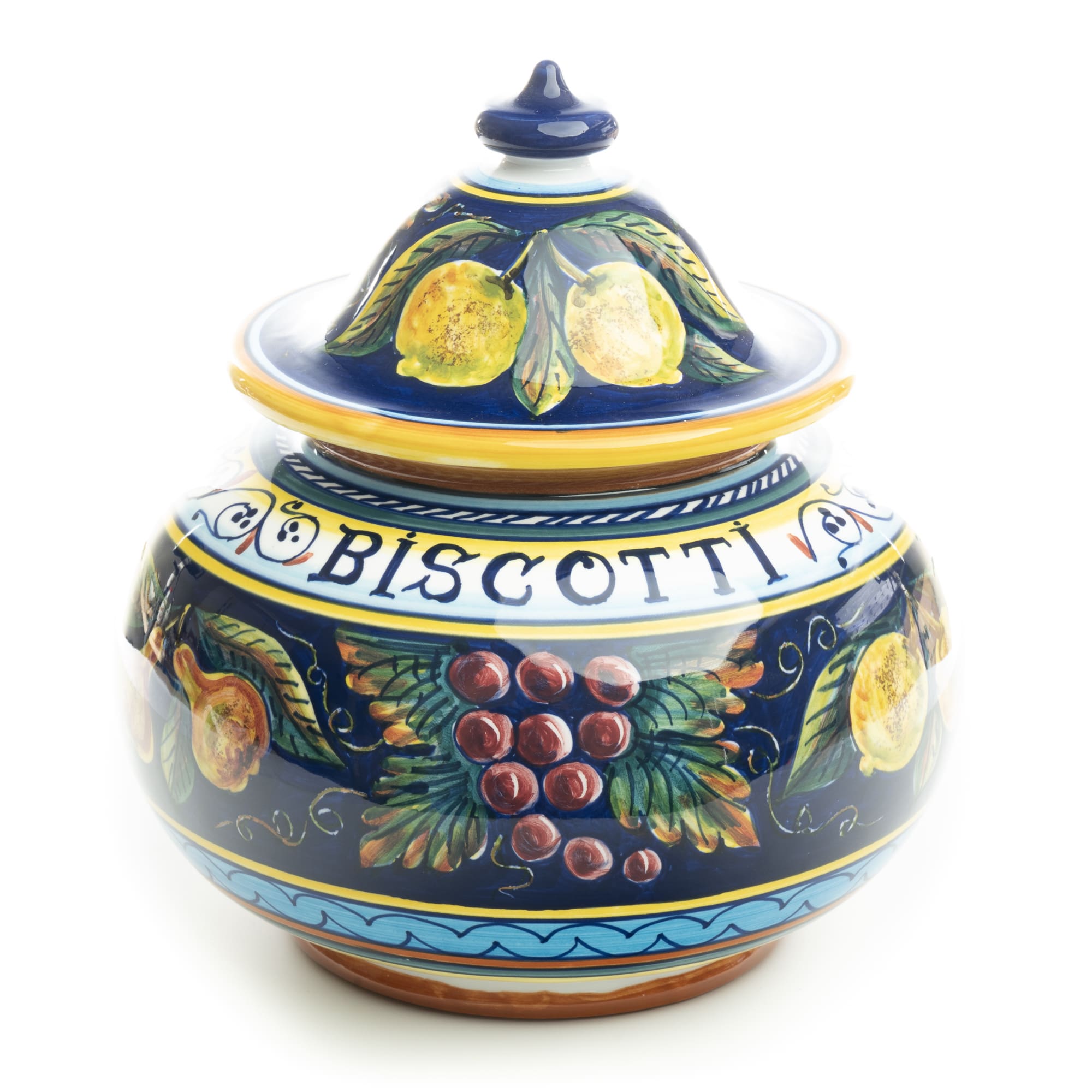 Collectible Majolica Round Biscotti Jar B-57, ceramics, pottery, italian design, majolica, handmade, handcrafted, handpainted, home decor, kitchen art, home goods, deruta, majolica, Artisan, treasures, traditional art, modern art, gift ideas, style, SF, shop small business, artists, shop online, landmark store, legacy, one of a kind, limited edition, gift guide, gift shop, retail shop, decorations, shopping, italy, home staging, home decorating, home interiors