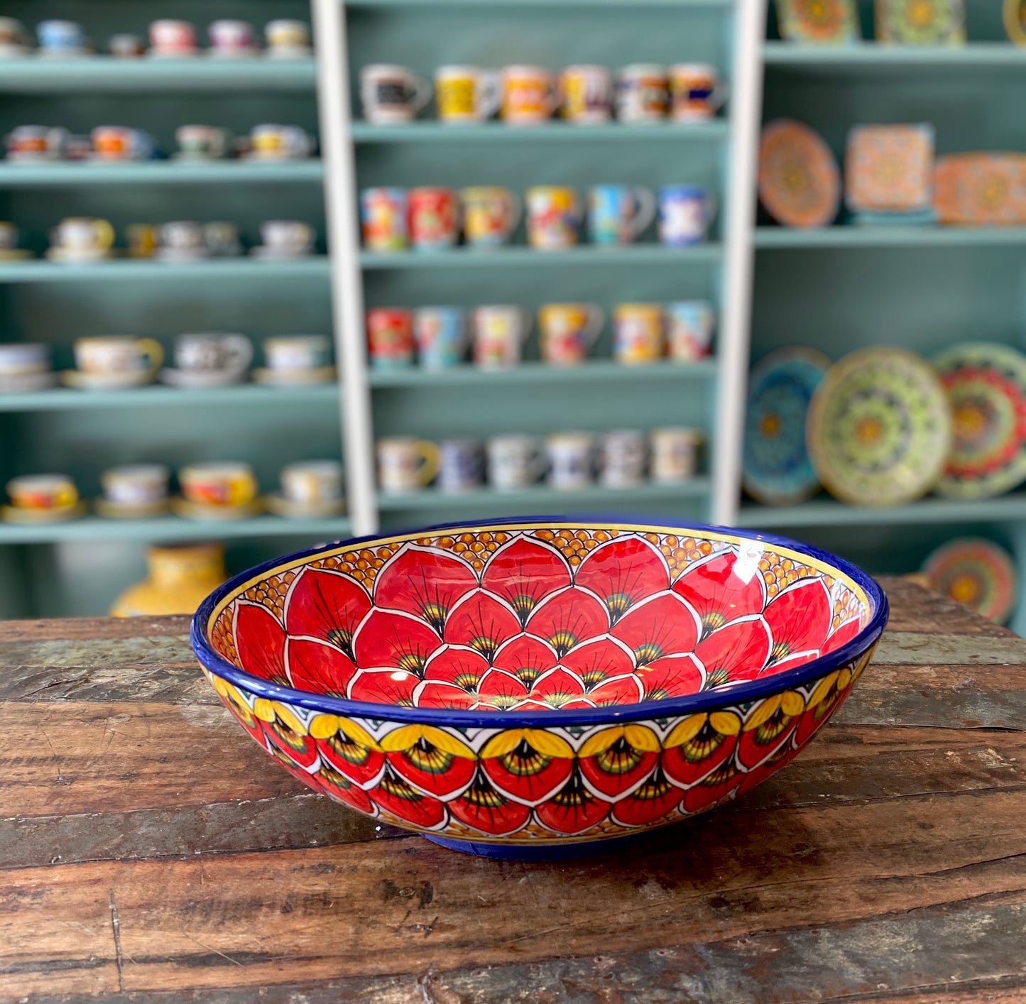 Geribi Salad Bowl (PG04) Red Peacock Design, ceramics, pottery, italian design, majolica, handmade, handcrafted, handpainted, home decor, kitchen art, home goods, deruta, majolica, Artisan, treasures, traditional art, modern art, gift ideas, style, SF, shop small business, artists, shop online, landmark store, legacy, one of a kind, limited edition, gift guide, gift shop, retail shop, decorations, shopping, italy, home staging, home decorating, home interiors