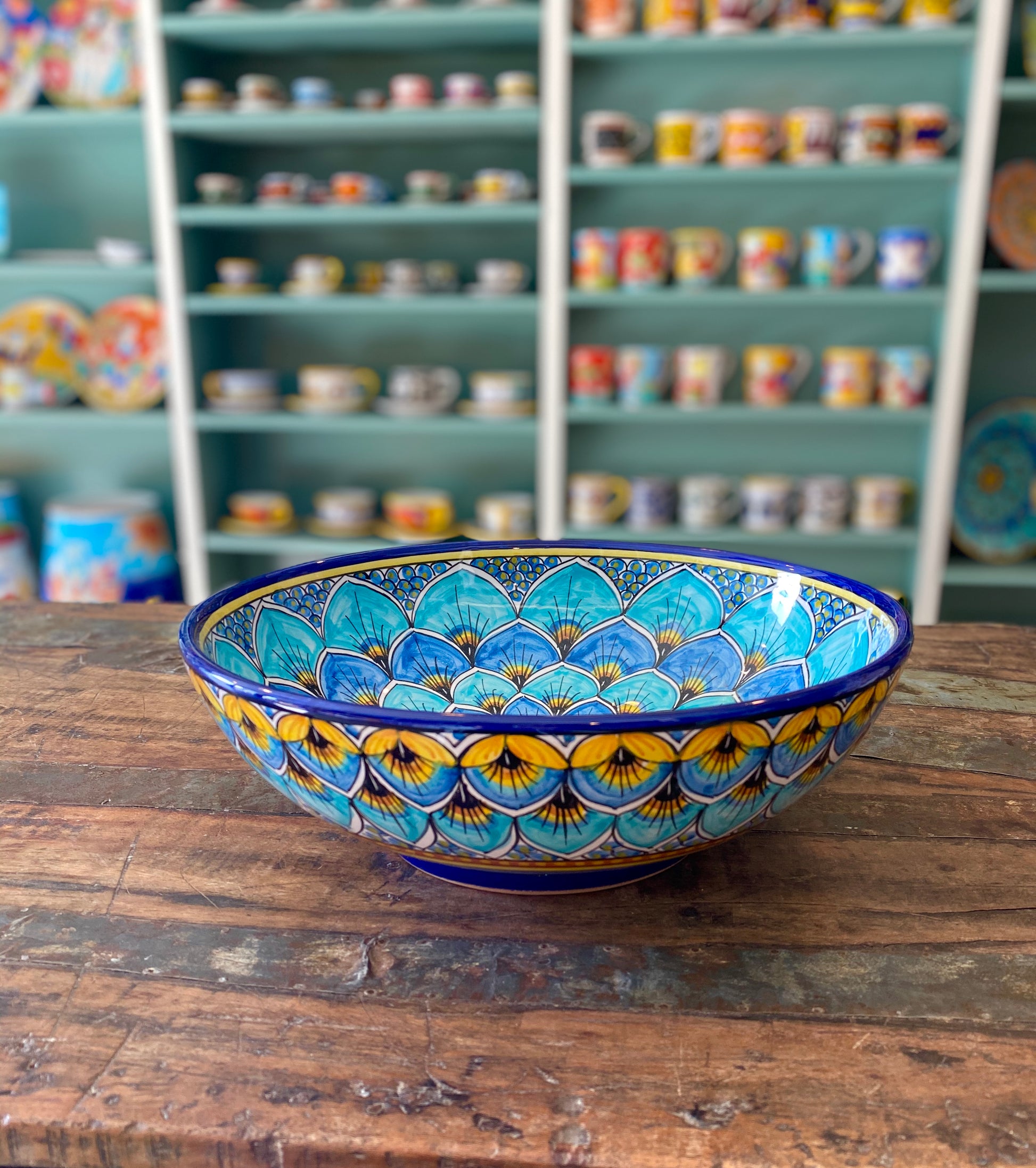 Geribi Salad Bowl (PG09) Blue Peacock Design, ceramics, pottery, italian design, majolica, handmade, handcrafted, handpainted, home decor, kitchen art, home goods, deruta, majolica, Artisan, treasures, traditional art, modern art, gift ideas, style, SF, shop small business, artists, shop online, landmark store, legacy, one of a kind, limited edition, gift guide, gift shop, retail shop, decorations, shopping, italy, home staging, home decorating, home interiors