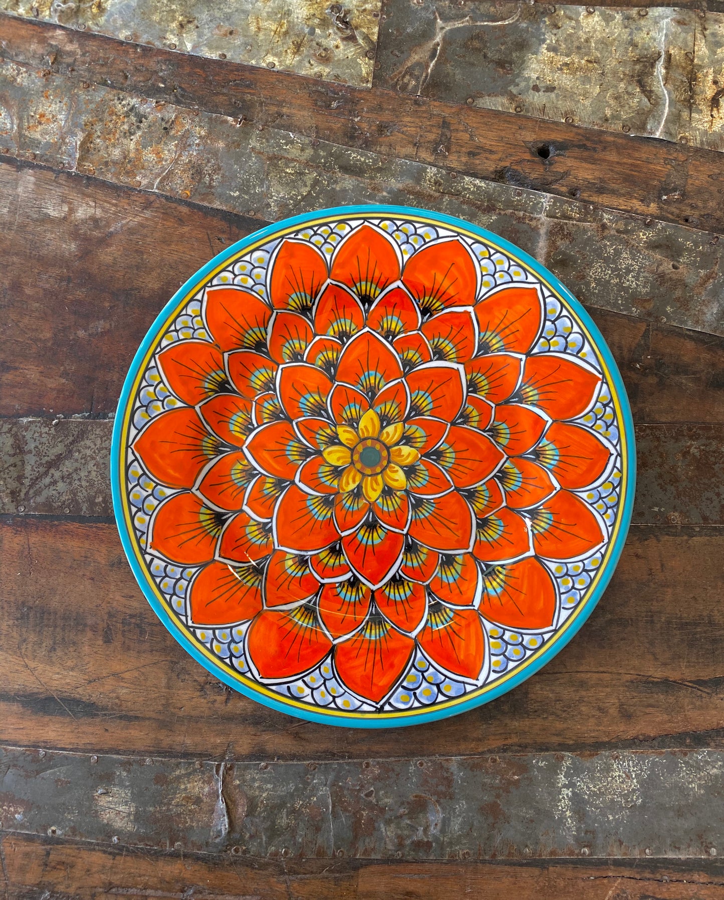 Geribi Salad Plate (PG11) Burnt Orange Peacock Design, ceramics, pottery, italian design, majolica, handmade, handcrafted, handpainted, home decor, kitchen art, home goods, deruta, majolica, Artisan, treasures, traditional art, modern art, gift ideas, style, SF, shop small business, artists, shop online, landmark store, legacy, one of a kind, limited edition, gift guide, gift shop, retail shop, decorations, shopping, italy, home staging, home decorating, home interiors